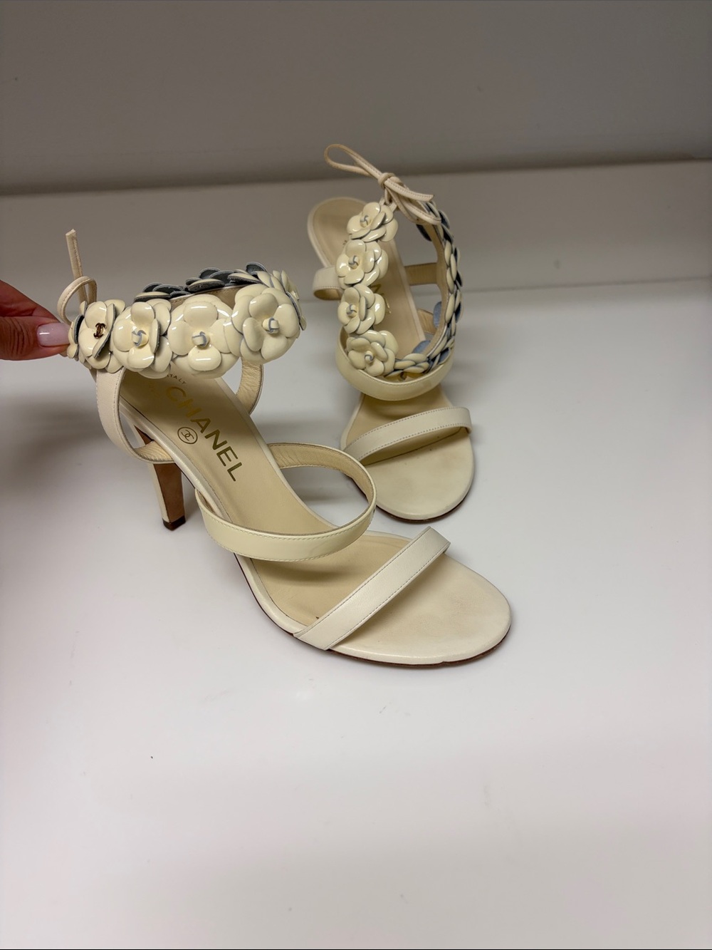 CHANEL Cream Floral Camellia Strap High-Heel Sandals